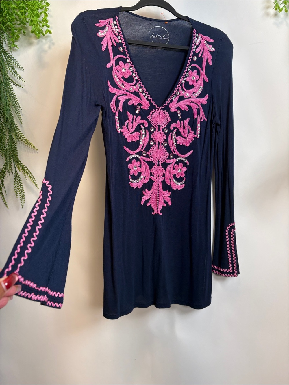 INC International Concepts Navy Tunic with Pink Embroidered V-Neck